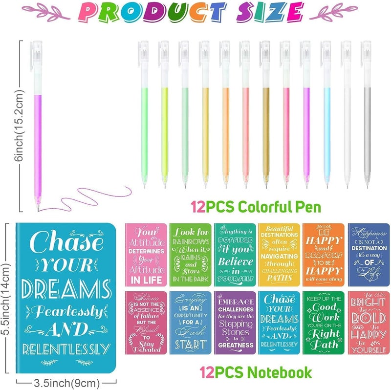 OMEYA 12 Pcs Mini Inspirational Notebooks Bulk with 12 Pcs Colorful Pens, Small Pocket Journal Notepads Set, Motivational Bulk Gifts for Women Men Teacher Student, Fun School Office Supplies, 3.5" x 5.5" - Image 2